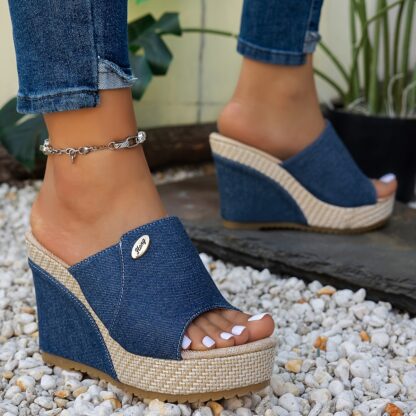 Fashion dámské módní džínové pantofle na klínku modré