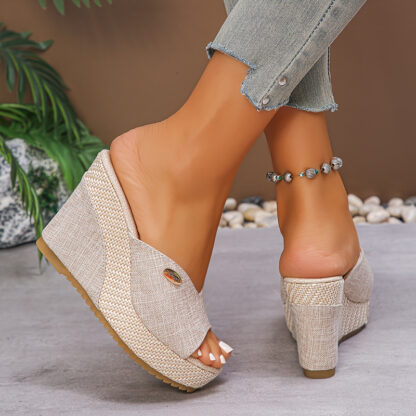 Fashion dámské plátěné nazouvací boty na klínku v elegantním stylu béžové - Image 3