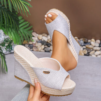 Fashion dámské plátěné nazouvací boty na klínku v elegantním stylu béžové - Image 4