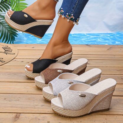 Fashion dámské plátěné nazouvací boty na klínku v elegantním stylu béžové - Image 6