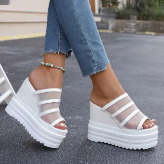 Fashion  dámské módní boty na klínku s platformou a průhlednými elegantními proužky bílé