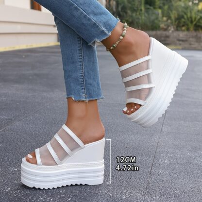 Fashion  dámské módní boty na klínku s platformou a průhlednými elegantními proužky bílé - Image 3