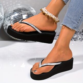 Luxusní dámské žabky na platformě Fashion – stříbrný třpyt a elegance v černé barvě